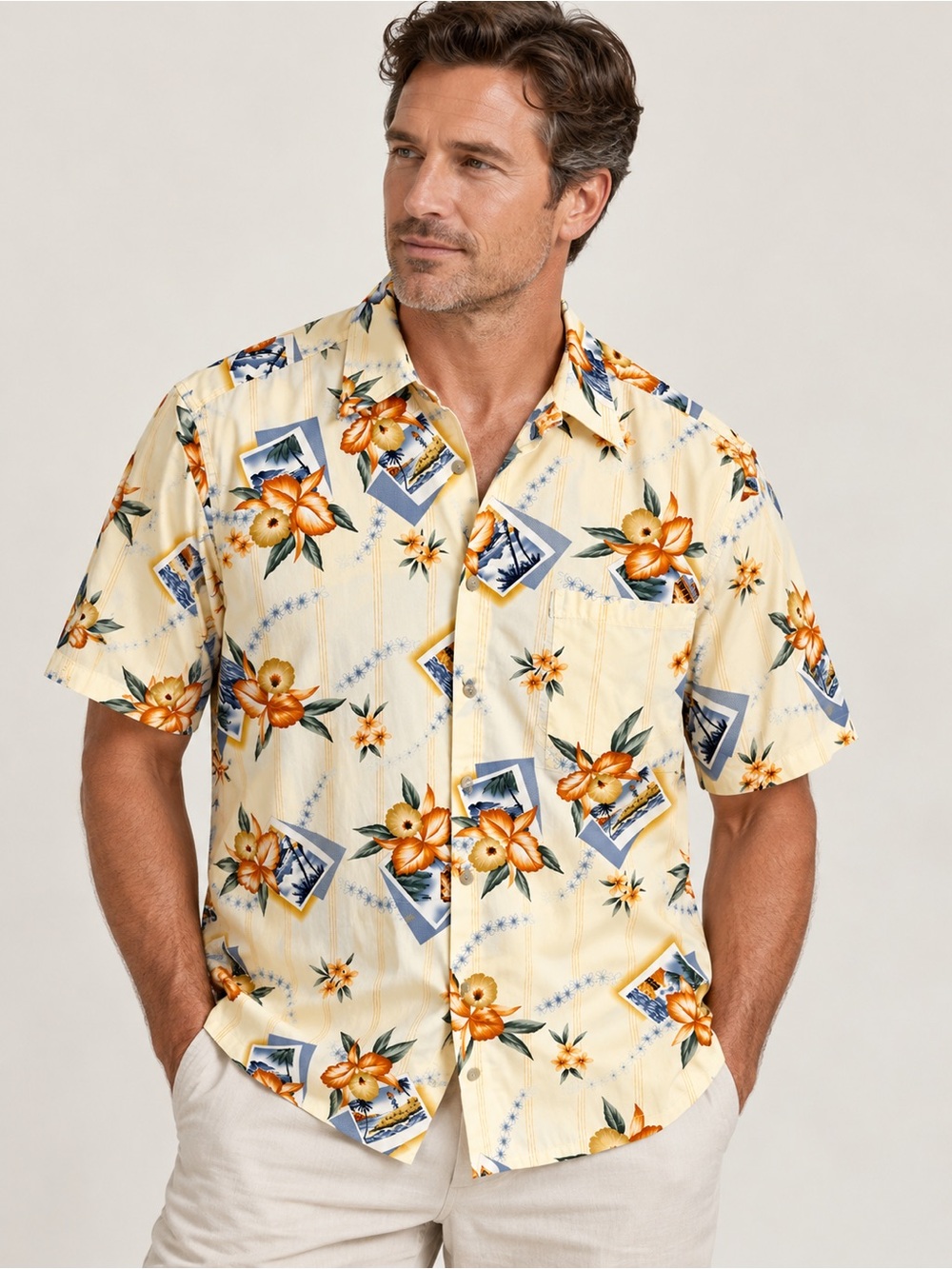 Pierre Cardin Yellow Floral Short-Sleeve Button-Up Blouse